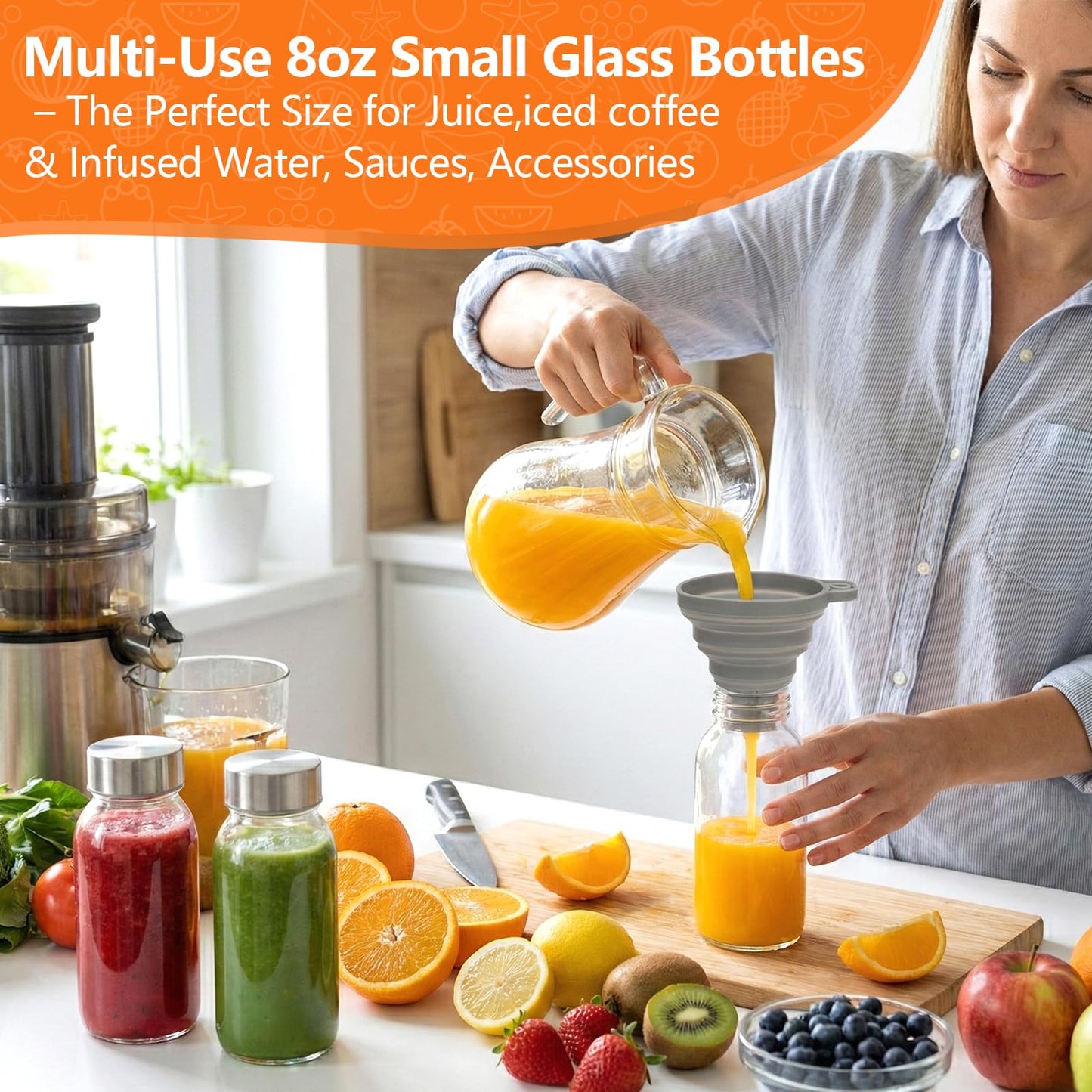 Luxfuel 8 oz Glass Water Bottles with Lids, 4 Pack Small Glass Juice Bottles with Stainless Steel Caps & Funnel, Leak-Proof Containers for Juicing, Milk, Ginger Shots, Smoothies, Wellness Drinks