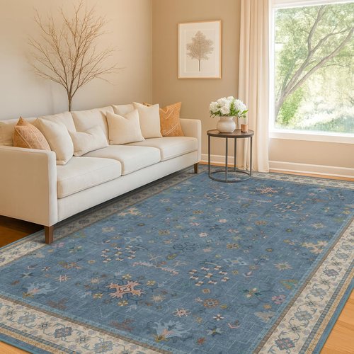 Boho 6x8 Living Room Rug - Modern Blue Washable Carpet for Dining Room or Bedroom Décor