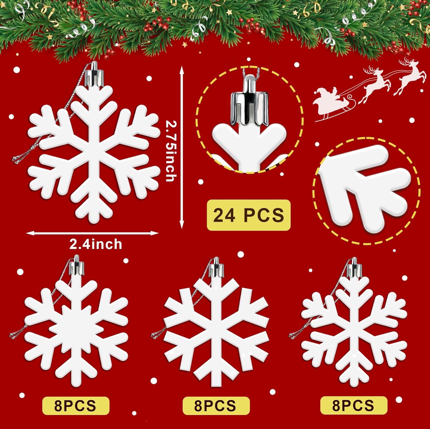 Skiennix 24 Pcs Snowflake Hanging Ornaments - White Plastic Decorations for Christmas Trees & Winter Decor