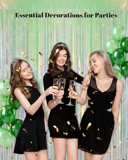 Iridescent Green Party Streamers - 2 Pack Neon Holographic Tinsel Foil Fringe Curtains | 3.31 x 6.6 ft