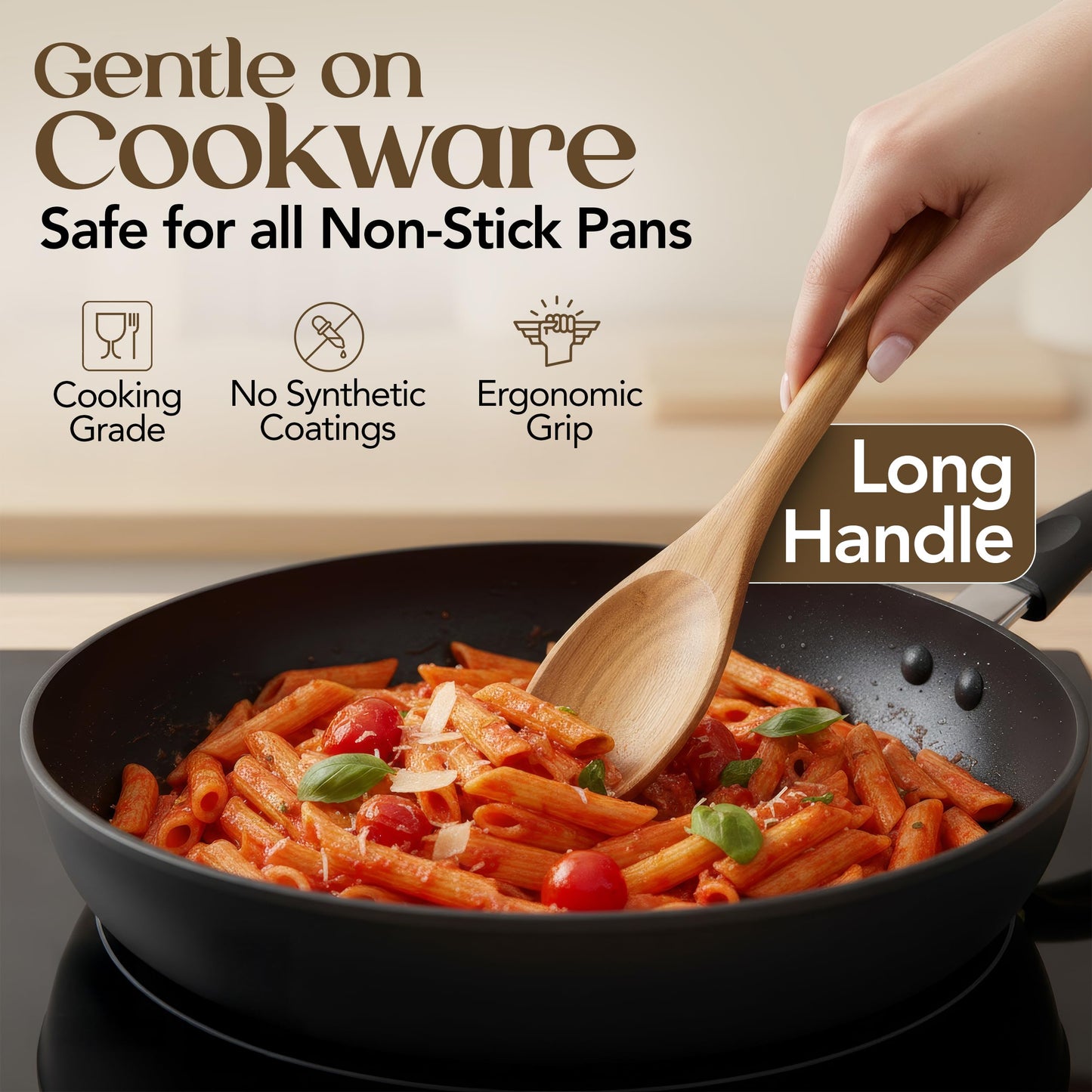 8 Piece Teak Wooden Cooking Spoons Set – Wooden Utensil Set with Spatula Scraper Pasta Spoon Rice Paddle Tongs for Everyday Cooking, Smooth Sanded Finish, Comfortable Grip Handles, Gentle on Cookware