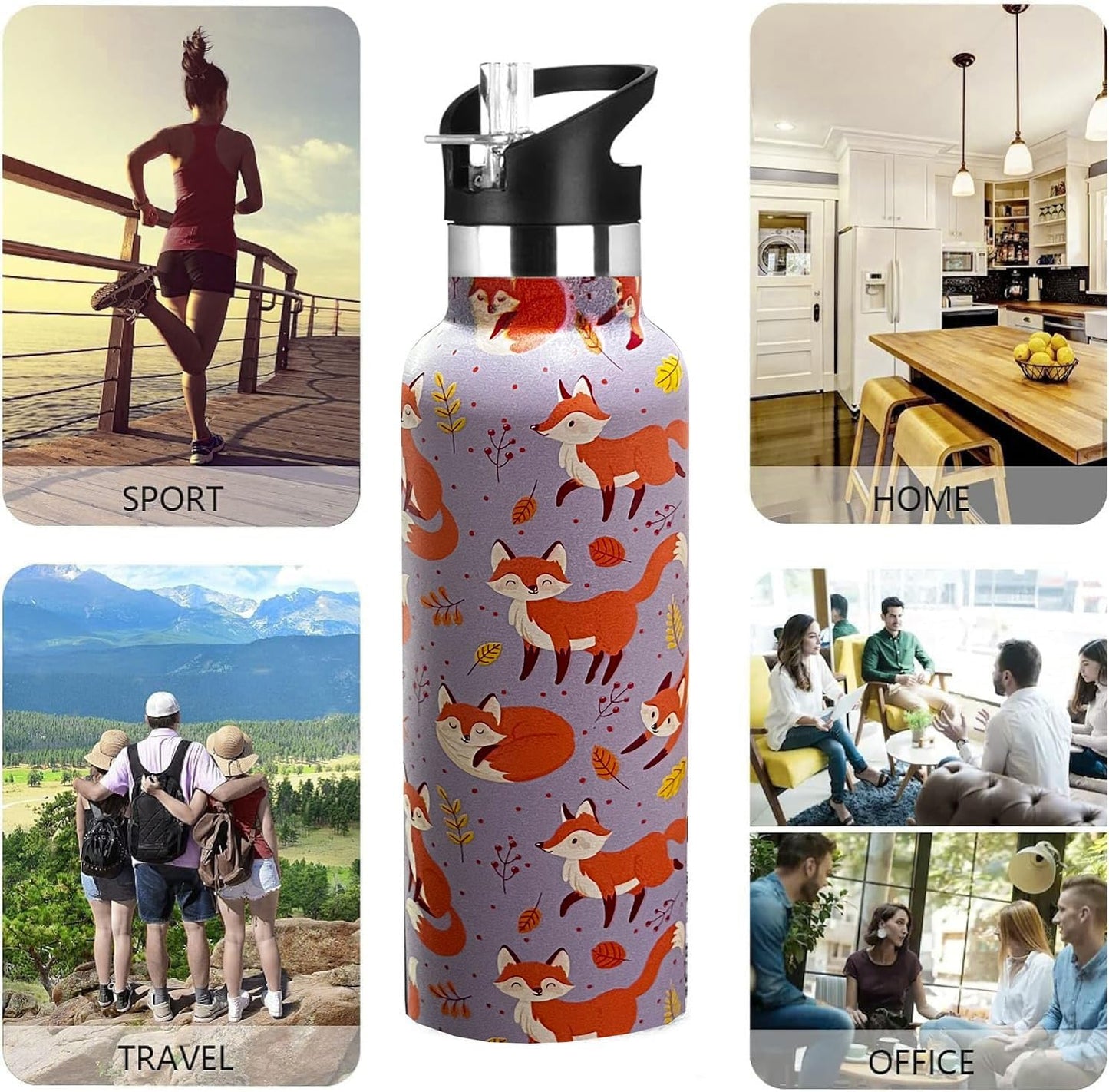 Skiennix Kids Water Bottle - Vacuum Insulated Stainless Steel Tumbler with Straw | 20 oz Fox Design for Sports & School