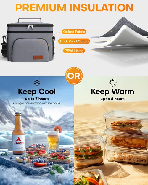 HOTOR Insulated Lunch Box for Men & Women - Leak-Proof Cooler Lunch Bag with 4 Pockets, Adjustable Strap, Ideal for Work, Picnic, Travel - Medium, Light Grey,10.2"×6.9"×8.5"