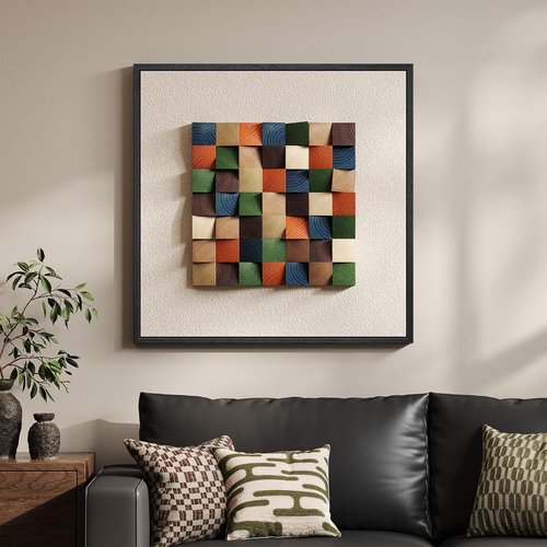 Framed 3D Textured Wood Abstract Wall Art - Boho Colorful Geometric Beige Painting | 24 x 24 Inch for Living Room, Bedroom, Office