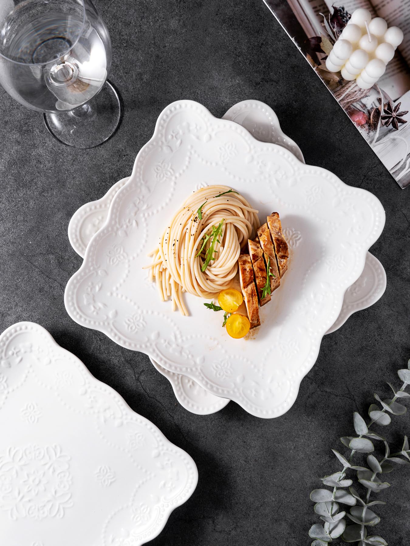 Jusalpha Set of 4-Square Embossed Lace Ceramic Plate-Dinner Plate Set, Pasta/Salad/Dessert Plate Dishwasher MicrowaveTableware Set for Restaurant Family Party Kitchen Use (White, 6 Inches)