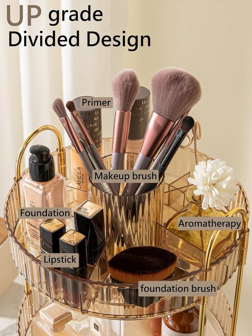 Asayuee 360 Rotating Makeup Organizer - Large 3-Tier Storage for Cosmetics & Skincare | Gold