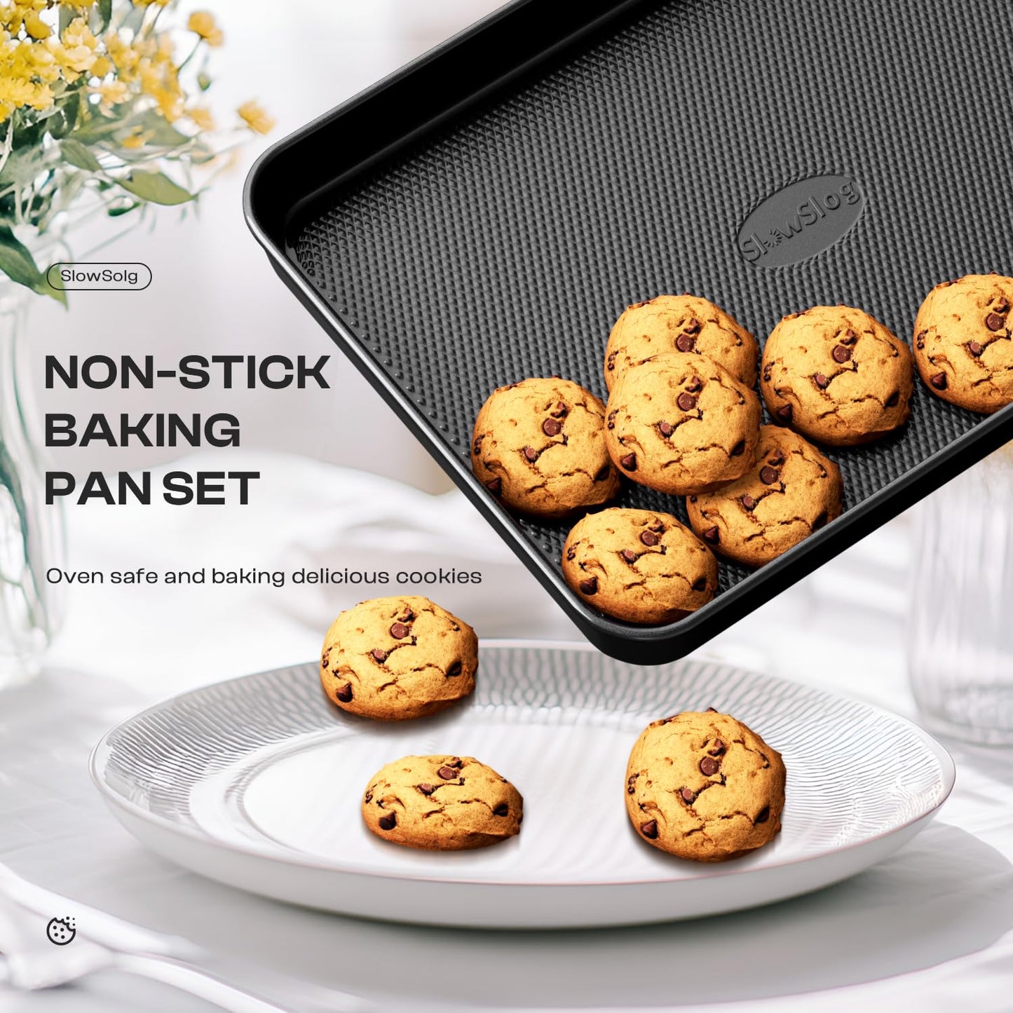 Slow Slog Nonstick Baking Pans Set, 8-Piece Stackable Bakeware Sets, Non-Toxic Oven Pan Set, Includes Baking Sheet, Cake Pan, Muffin Pan, Loaf Pan, Square Pan, Cookie Sheet & Roasting Pan, Black