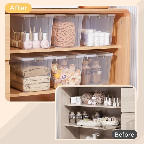 Citylife 7.8 QT Small Storage Bins - Stackable Plastic Containers with Lids | Clear White 6-Pack