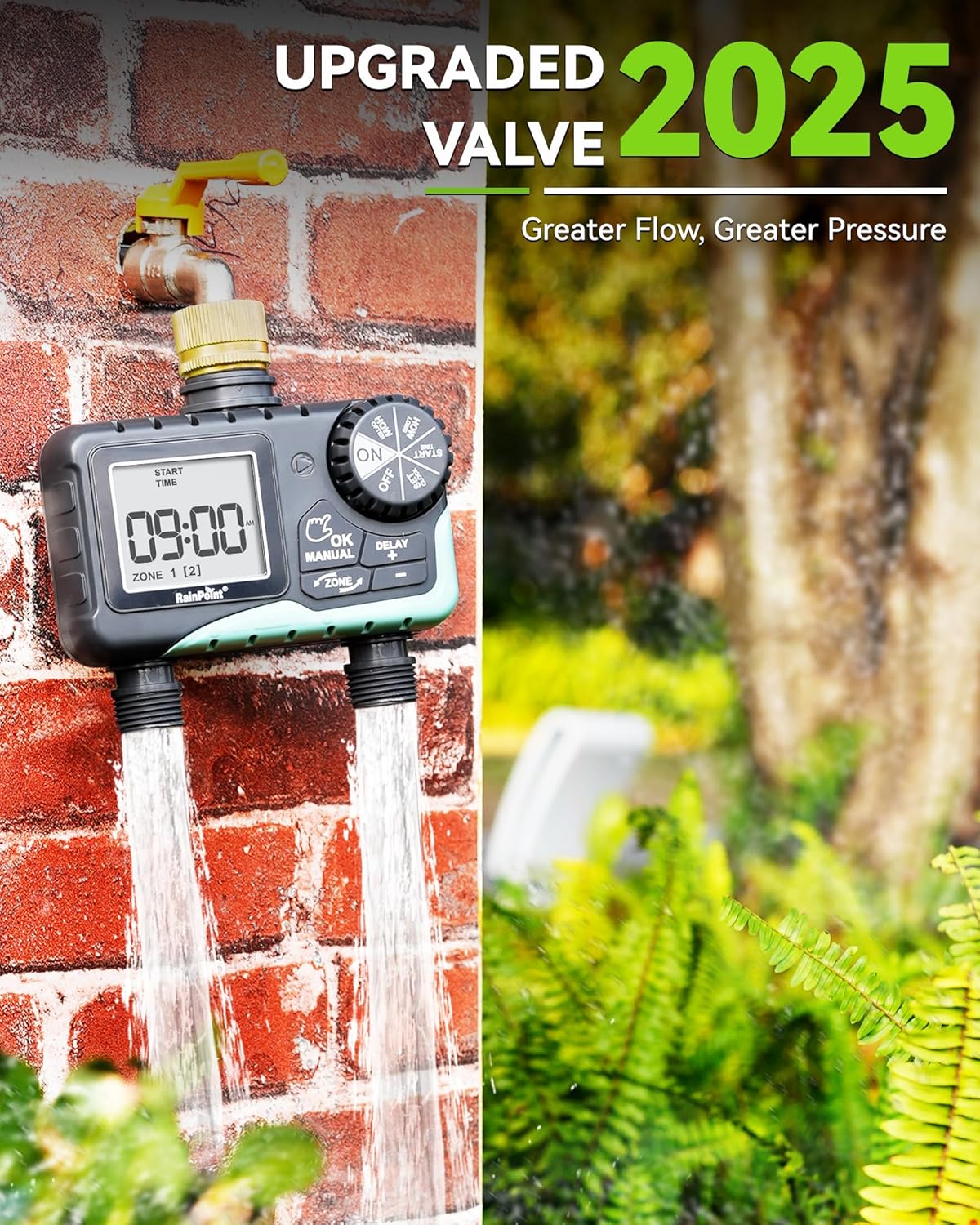 RAINPOINT Water Timer for Garden Hose - Programmable Sprinkler Timer with Brass Swivel | 2 Outlets for Automatic Irrigation