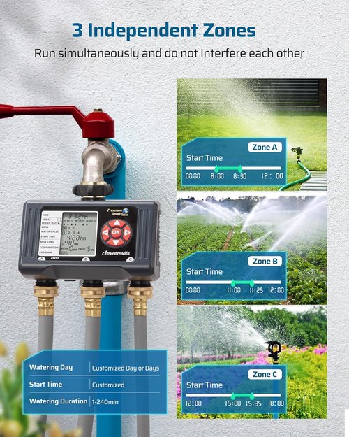 DEWENWILS 3-Zone Sprinkler Timer - Programmable Garden Irrigation System with Rain Delay & Low Battery Alert