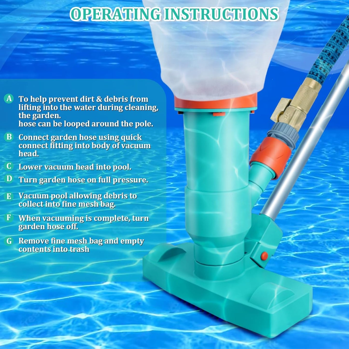 Premium Pool Vacuum Jet Underwater Cleaner - 3 Scrub Brushes, 2 Fine Mesh Bags, 56.5" Telescopic Pole for Above Ground Pools, Spas & Ponds