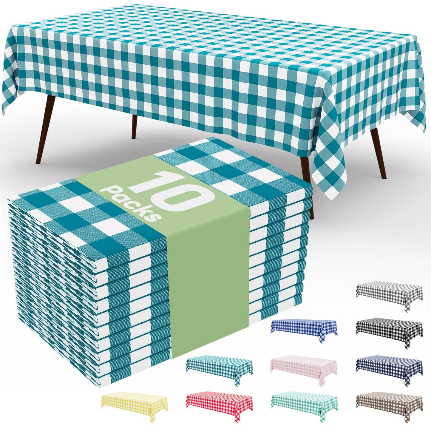 misaya 10 Packs Buffalo Disposable Table Cloth, 54 x 108 Inch Waterproof Plastic Tablecloth, Rectangle Turquoise and White Checkered Table Covers for Picnic, Birthday, Party