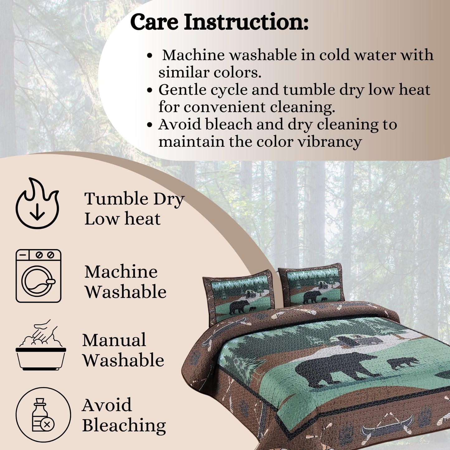 BestGiftEver Quilt Queen Size with Unique Bear RV Park Theme Print Design, Cabin Lodge Quilted Bedspread Coverlet, 3-Piece Rustic Bedding Set with Queen Quilt and 2 Pillow Shams for Nature Lovers