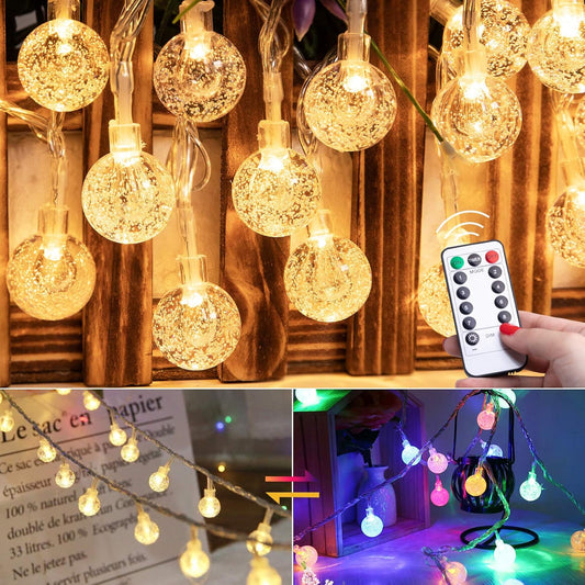 Minetom Crystal Globe String Lights - 33 Ft 100 LED Waterproof Fairy Lights with Remote & Timer | Warm White for Bedroom, Patio & Party Decor