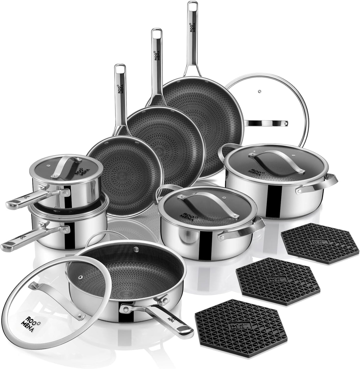Skiennix 17PC Hybrid Stainless Steel Cookware Set - Nonstick Tri-Ply, Dishwasher & Oven Safe, PFOA-Free