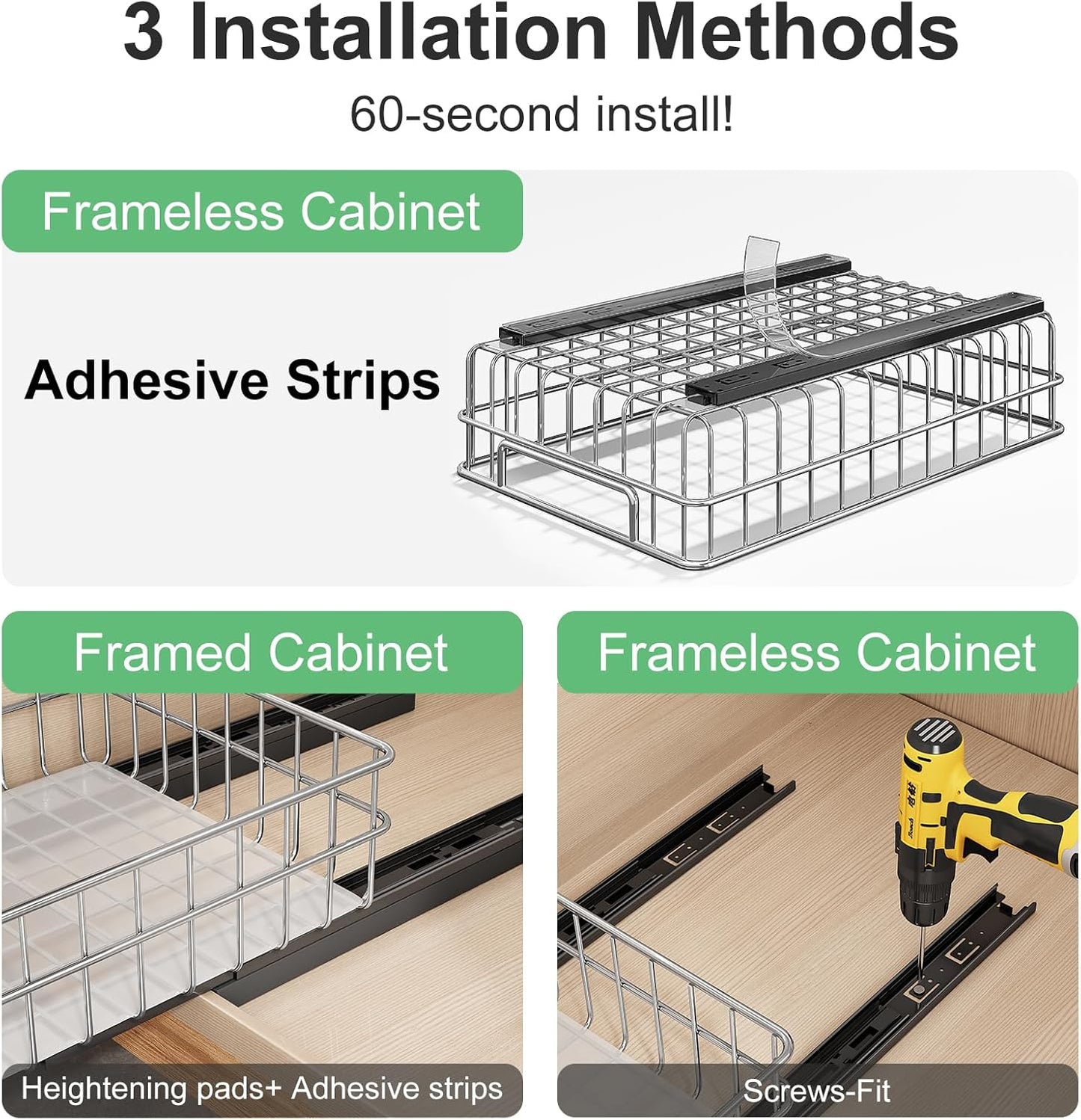 Skiennix Pull-Out Cabinet Organizer - Stainless Steel 4-Pack Drawer with Silent Slides | Spice Storage Rack for Kitchen & Pantry