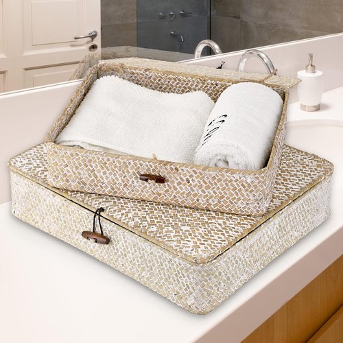 Hipiwe Wicker Storage Bins - Set of 2 Natural Seagrass Baskets with Lids | Multipurpose Home Organizer (Whitewash)