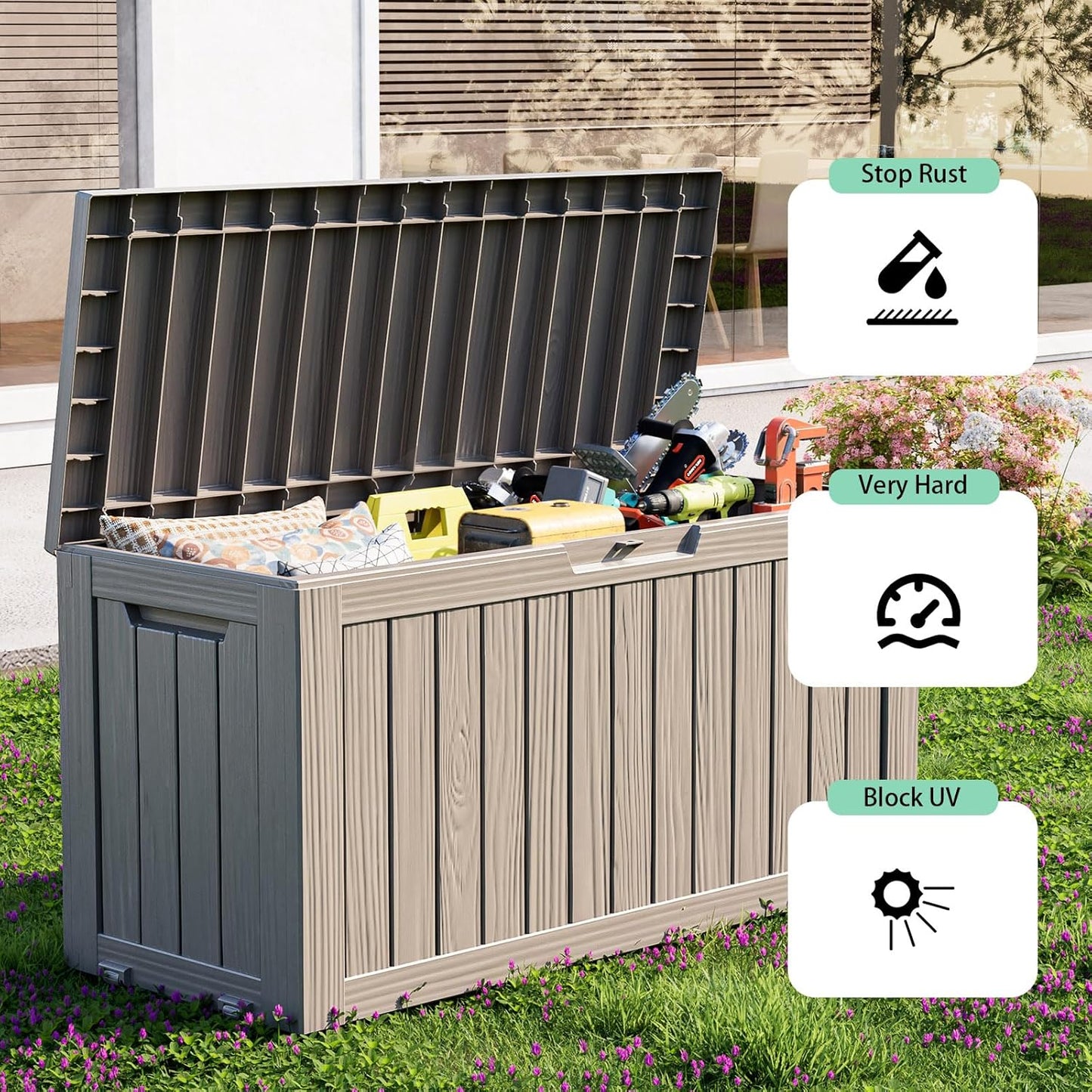 Skiennix 76 Gallon Outdoor Deck Box - Lockable Waterproof Storage for Garden Tools & Cushions | Grey
