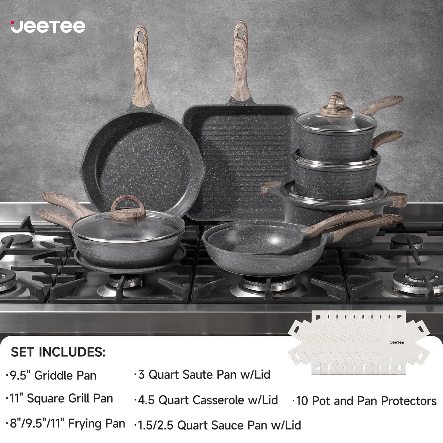 JEETEE Pots and Pans Set Non Stick 23pcs, Healthy Kitchen Cookware Sets, Induction Cooking Set W/Gray Frying Pans, Saucepans, Sauté & Griddle & Crepe Pan (PFOA, PFAS Free)