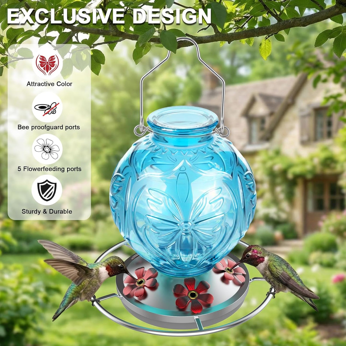 Skiennix Glass Hummingbird Feeder - 25 Oz Leak-Proof Outdoor Nectar Feeder with 5 Flower Ports | Blue