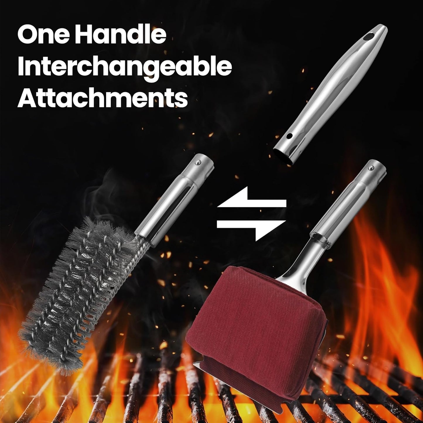 Skiennix 2-in-1 Stainless Steel Grill Brush Kit - Interchangeable BBQ Brush & Griddle Scraper with Fire-Resistant Sponge | Dishwasher Safe BBQ Cleaner
