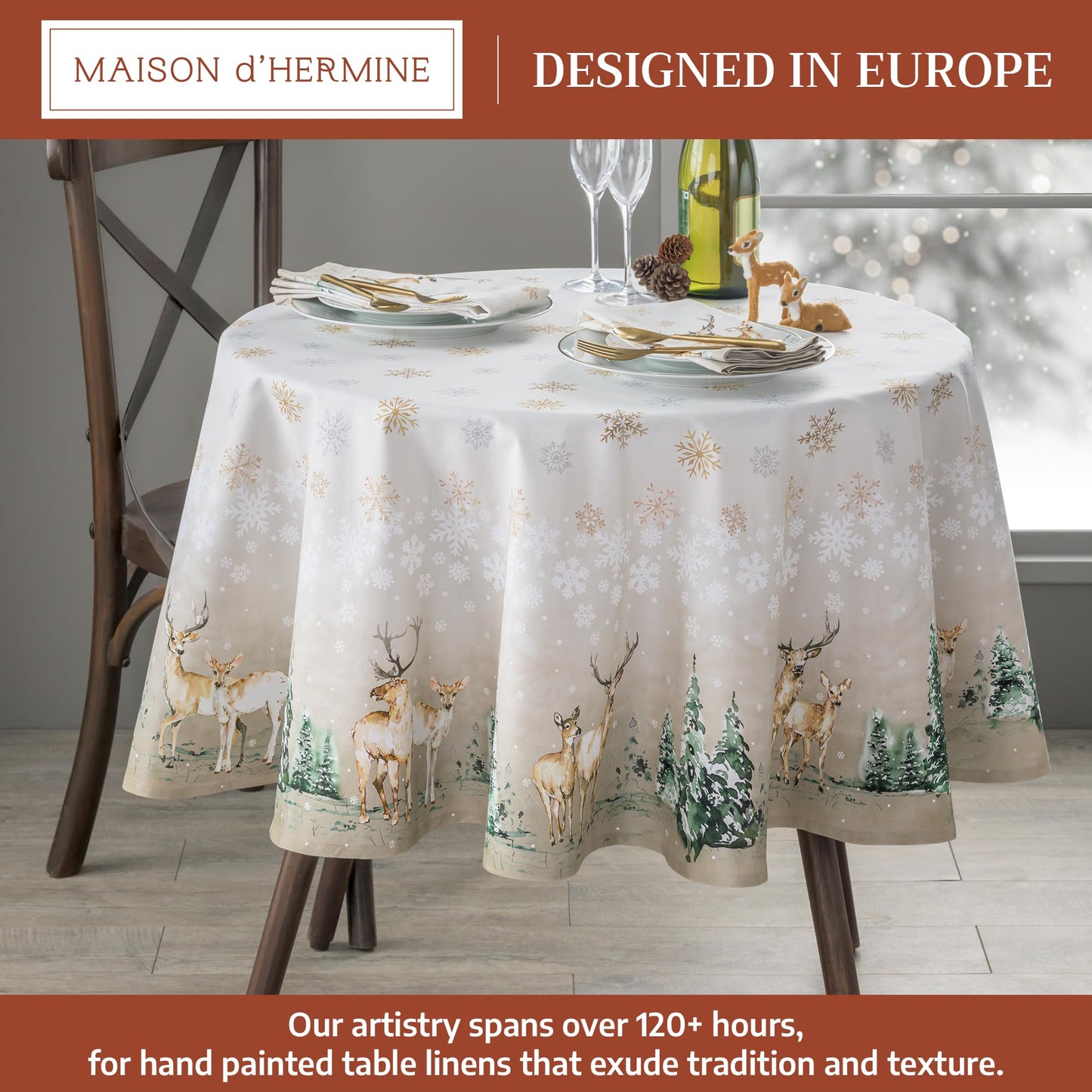 Maison d' Hermine Table Cloth Round Table 100% Cotton 63 Inches Fall Tablecloth Reusable Everyday Use for Thanksgiving Christmas Decorations Dining Farmhouse Party (Deer in The Woods)