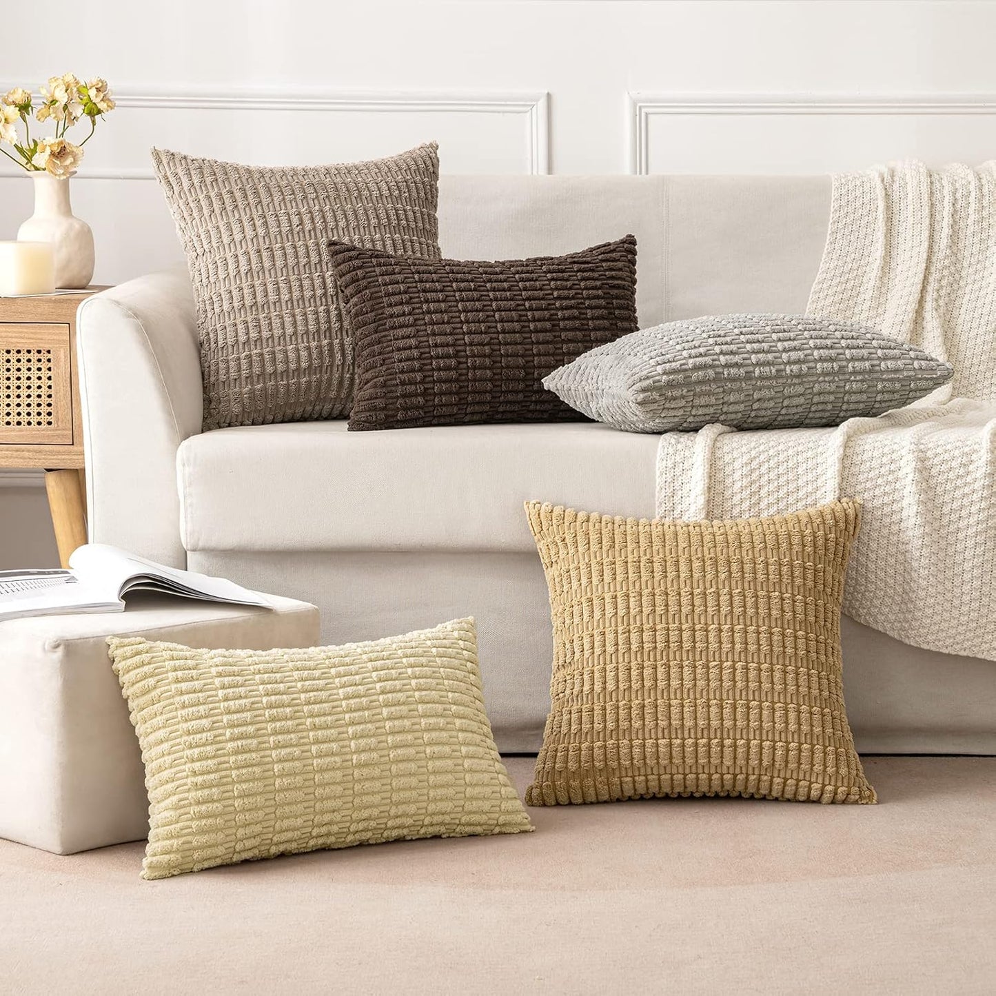 MIULEE Corduroy Throw Pillow Covers - Soft Boho Striped Design | 18x18 Inch Light Brown for Modern Home Decor