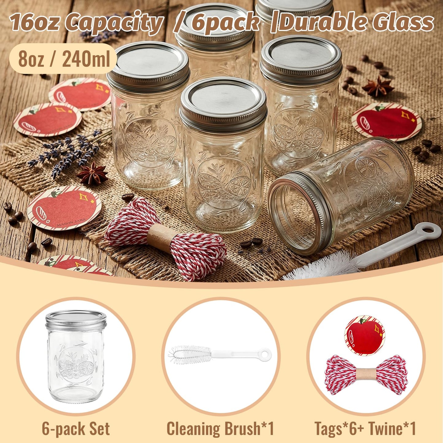 16 oz Wide Mouth Mason Jars with Embossing Pattern, 6 Pack Canning Jars with Volume Marks,Pint Glass Jars with lids for Fermenting,Pickling,Preserving,Meal Prep,Pantry organization,Gift Giving&Crafts
