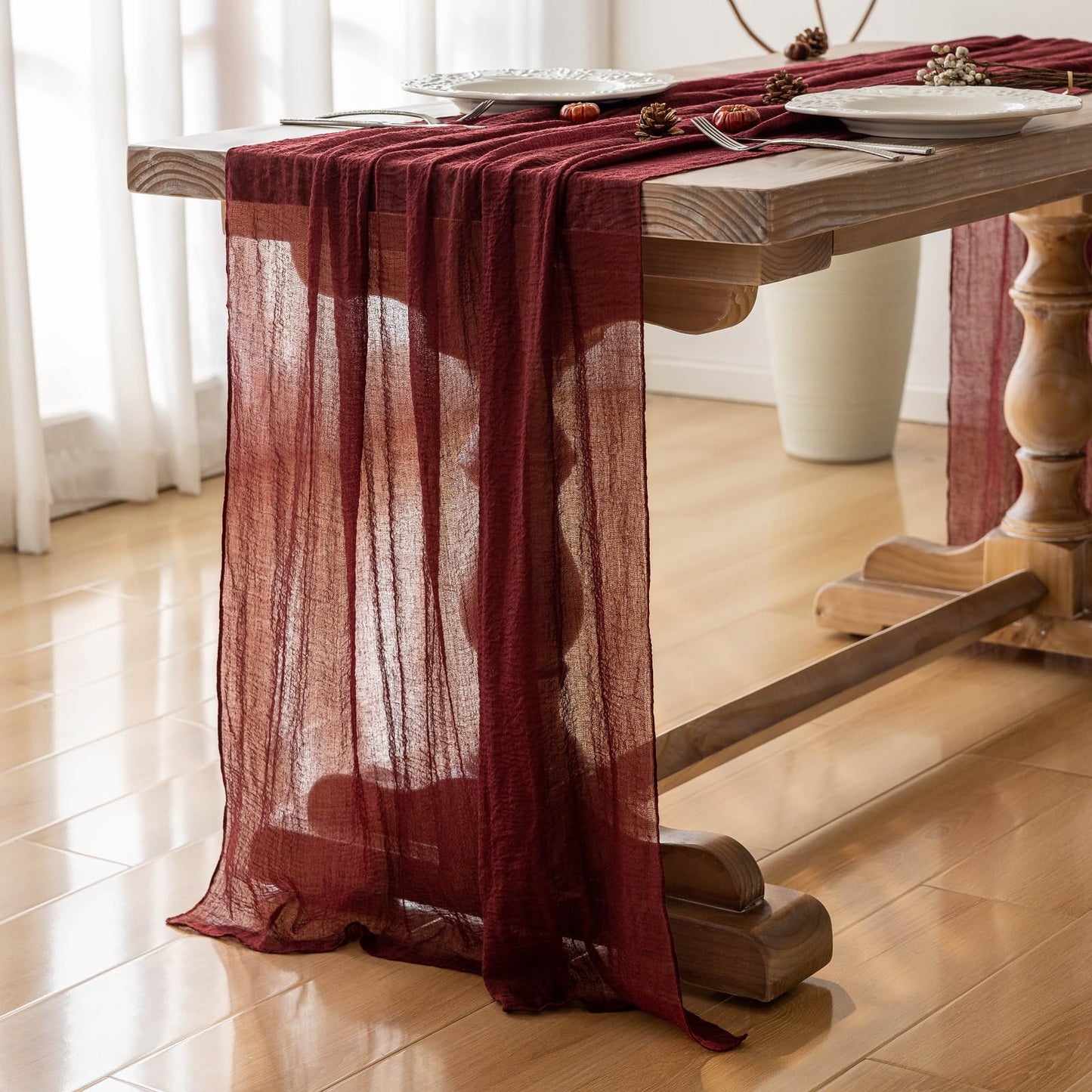 Keketoarrange Burgundy Table Runner Red Table Runner Cheesecloth Gauze 120 Inch 10 FT Rustic Boho Cheese Cloth Runner for Wedding Baby Bridal Shower Party Long Sheer Spring Home Decorations