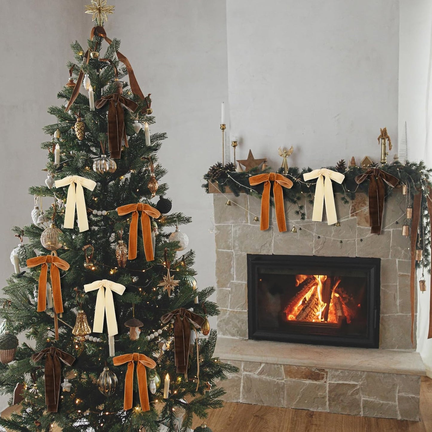 Regine Switzerland Velvet Bows - 24 Pcs Christmas Tree Ornaments | Coquette Wedding Decor (5 x 7 Inch, Khaki)