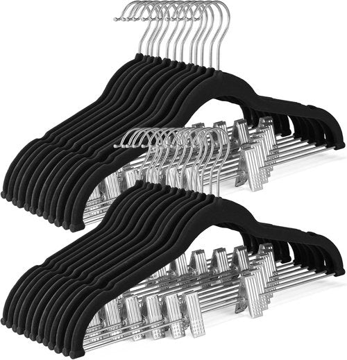 HOUSE DAY Velvet Skirt Hangers - 24 Pack Black Velvet Non-Slip Clips for Space-Saving Storage