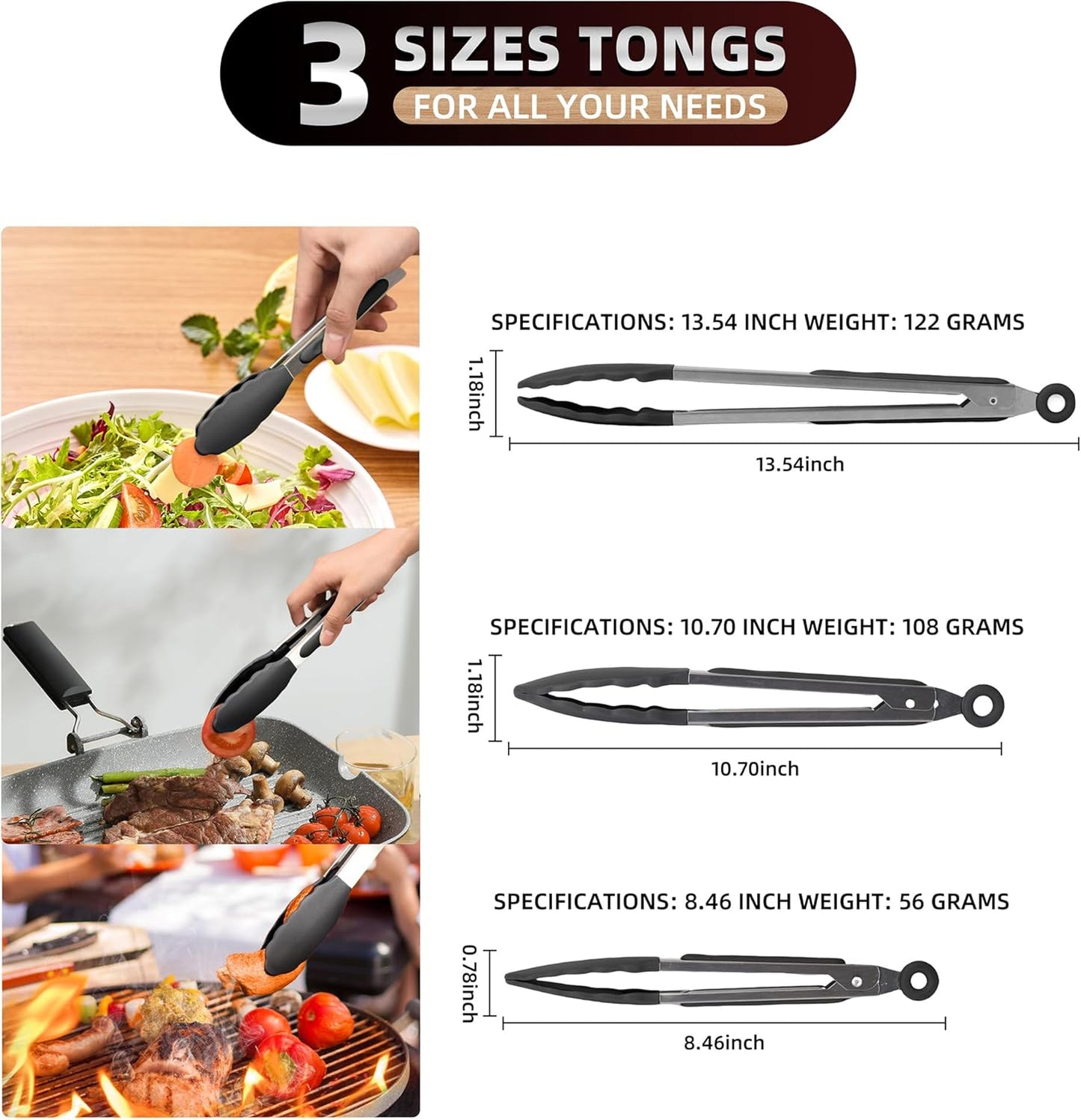 Skiennix Stainless Steel Kitchen Tongs - Non-Stick Silicone Tips, Dishwasher Safe | 7", 9" & 12", Black