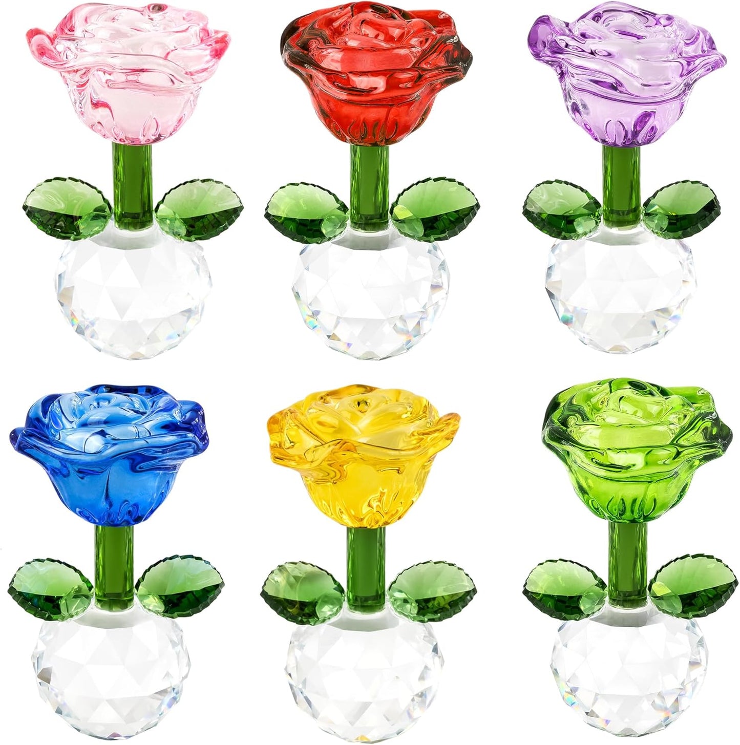 Regine Switzerland Crystal Glass Rose Flowers Figurines - Colorful Blown Glass Decor | Set of 6, 3.5in