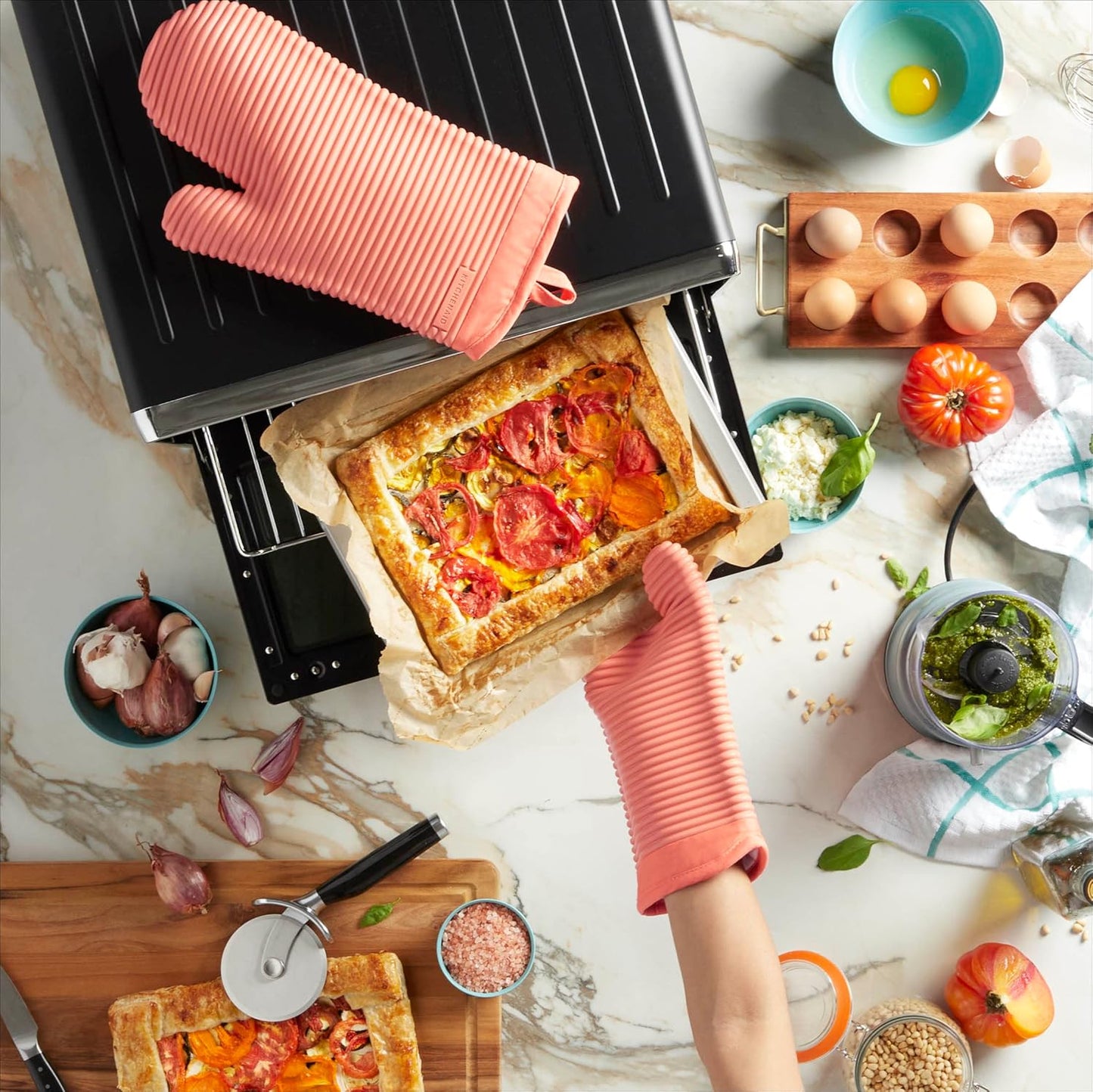 KitchenAid Ribbed Soft Silicone Oven Mitts - Heat Resistant 2-Pack Set, 7.5"x13", Bird of Paradise