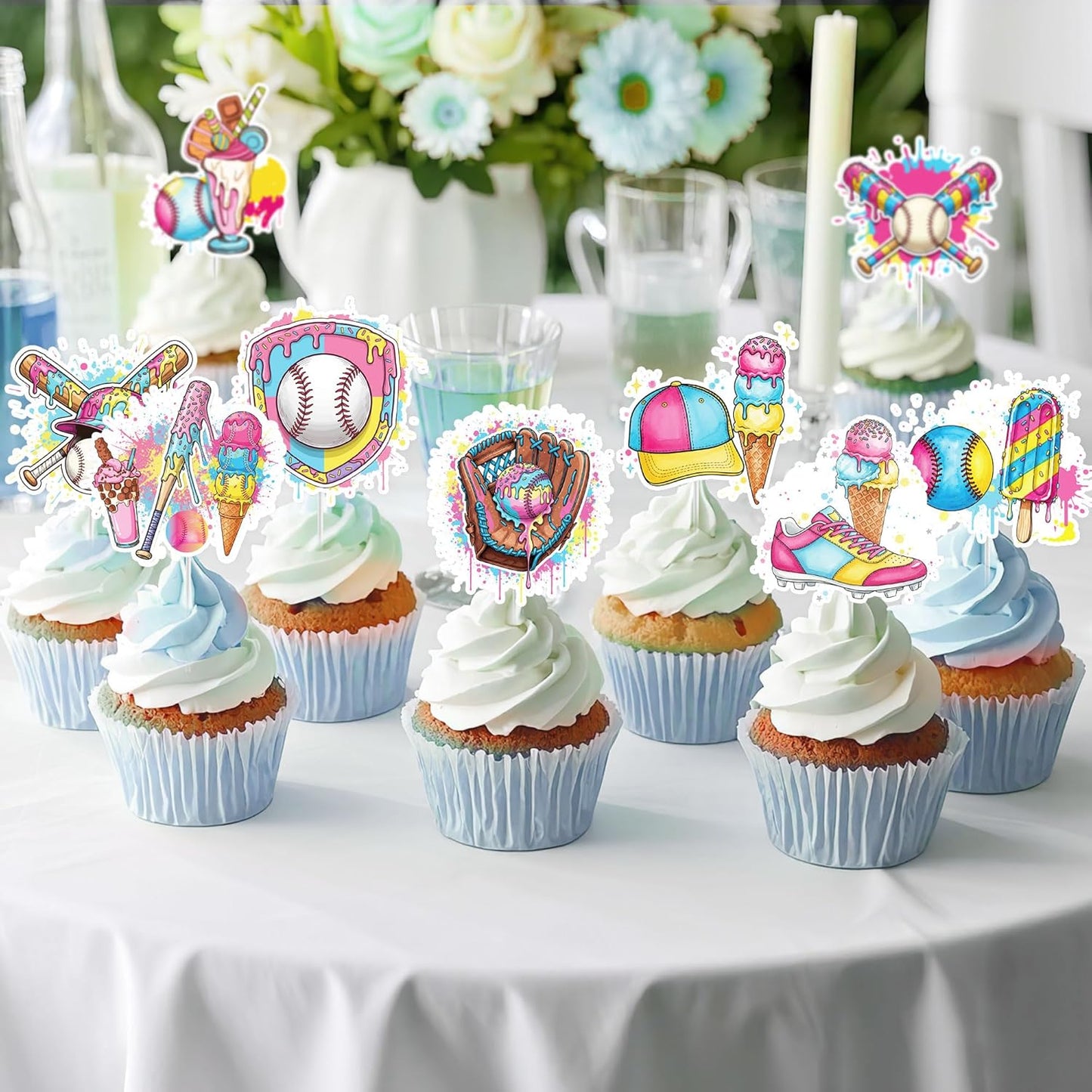 Regine Switzerland Ice Cream Drip Baseball Cupcake Toppers - 36 Pcs Birthday Party Decorations for Kids