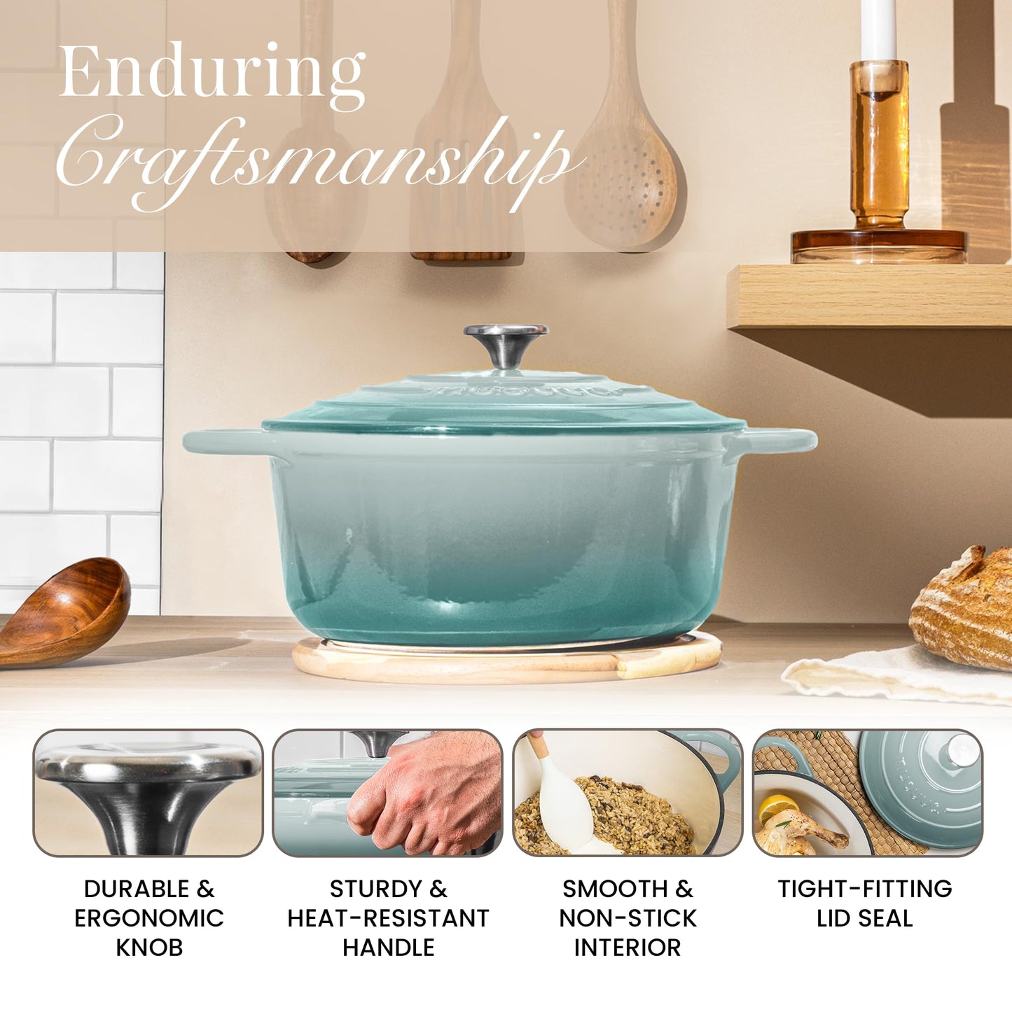 Nuovva Enamelled Cast Iron Dutch Oven Pot with Lid 6.4 Quart Non Stick Casserole Pot – Heavy Duty & Oven Safe up to 500° F for Bread Baking, Braising, Stews, Roasting – 28cm Sea Salt