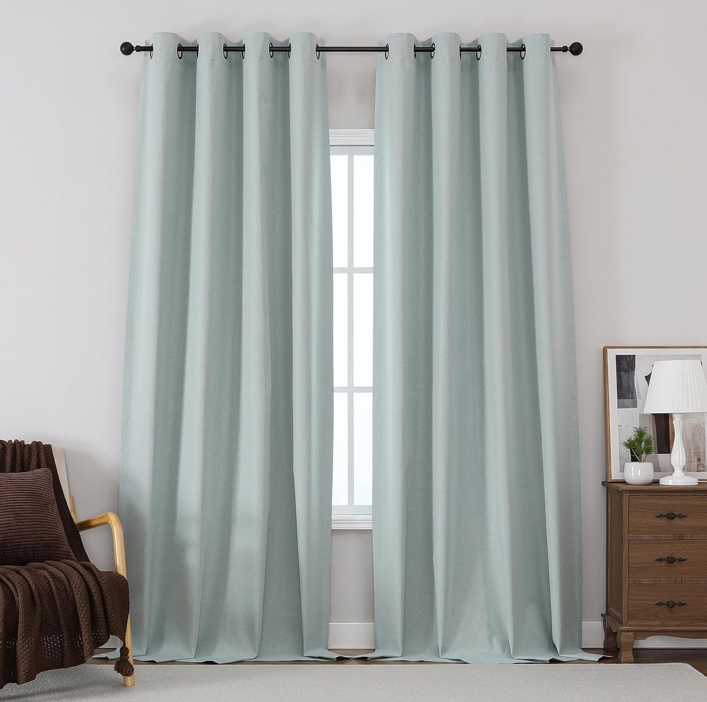 THOOO 100% Blackout Curtains - Natural Linen Textured Thermal Insulated Grommet Panels | 95 Inches, Sage Green