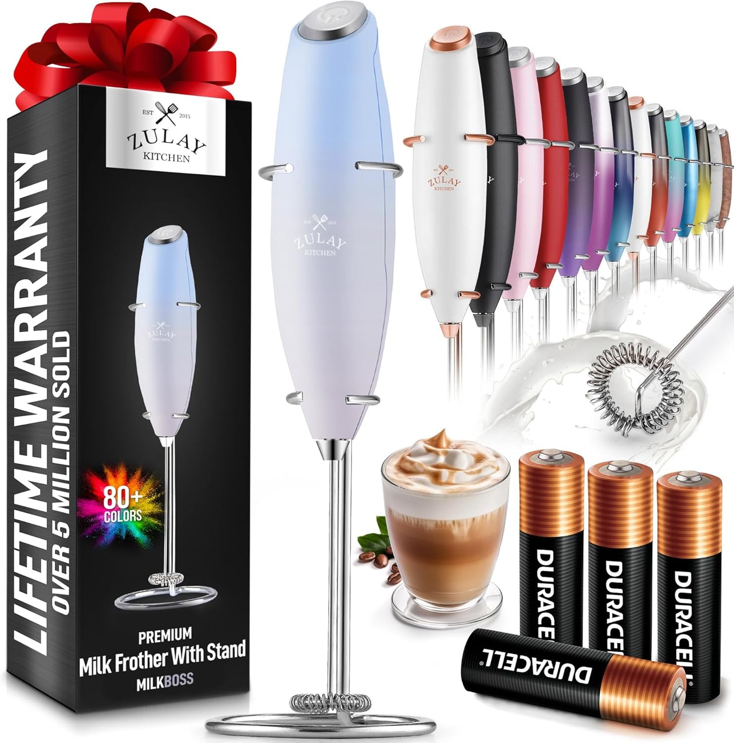 Zulay Kitchen Milk Frother Wand - Ultra-Fast Handheld Electric Whisk for Coffee, Lattes & More - Cloud Color