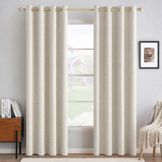 MIULEE 100% Blackout Linen Curtains - Thermal Insulated Birch Grommet Drapes | 52 x 84 Inch (2 Panels)