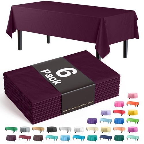 Exquisite Party Solids 6-Pack Premium Plastic Tablecloth 54in. x 108in. Rectangle Plastic Table Cover - Plum