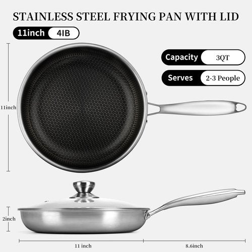 CADIVIZZO Stainless Steel Frying Pan with Lid - 11 Inch Nonstick Frying Pan with Lid, Honeycomb Stainless Steel Skillet Omelet Chef's Pan with Stay Cool Handle, Induction Compatible, PFOA Free