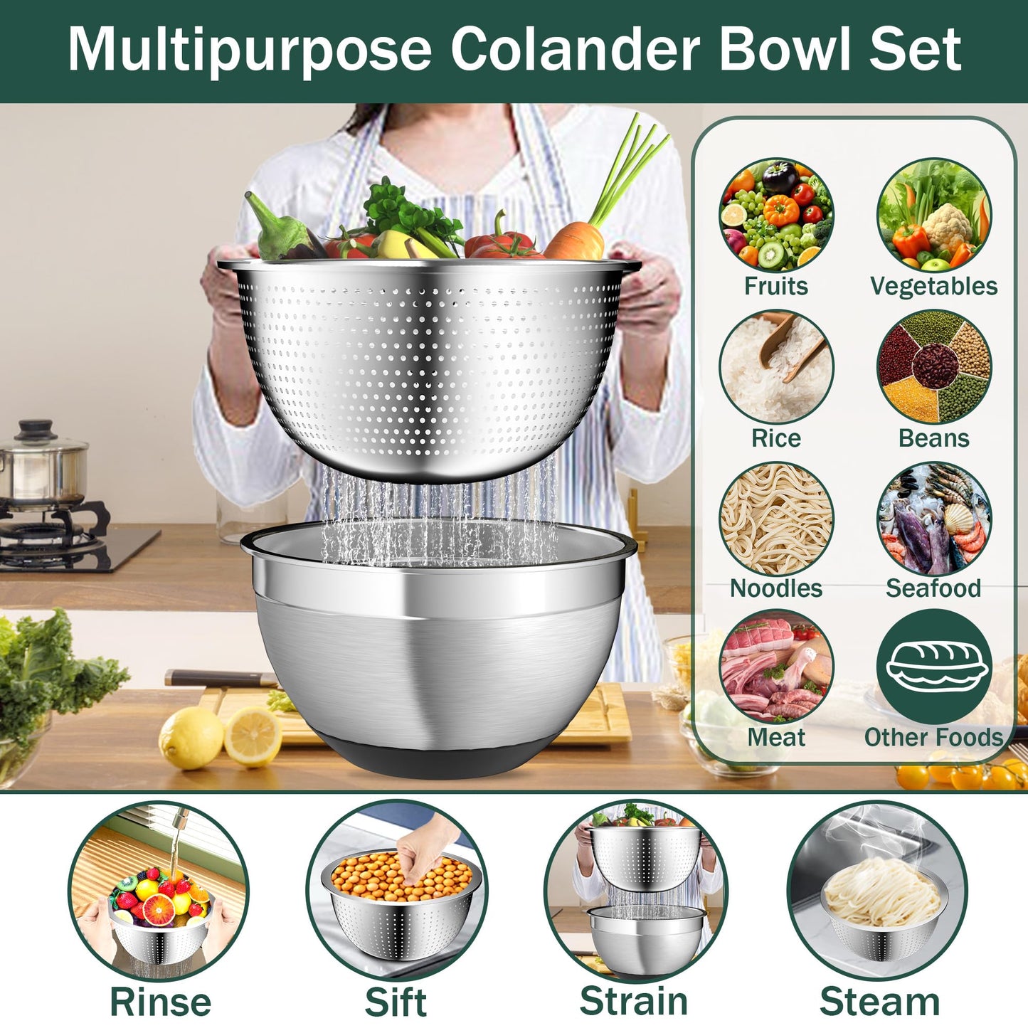 Nicdiet Mixing Bowls with Airtight Lids, Stainless Steel Mixing Bowl Set with 3 Metal Nesting Bowls, Colander & Grater, Non-Slip Bottoms, Size 1.5, 2.5, 5 QT, Great for Mixing & Serving, Black