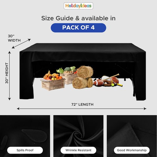 HolidayIdeas 4-Pack Open Back Table Cloths for 6 Foot Tables, Water Repellent Fitted Black Table Covers, 3-Sided Oxford Polyester Tablecloth for Vendor Booth, Craft Fairs, Registration Desk
