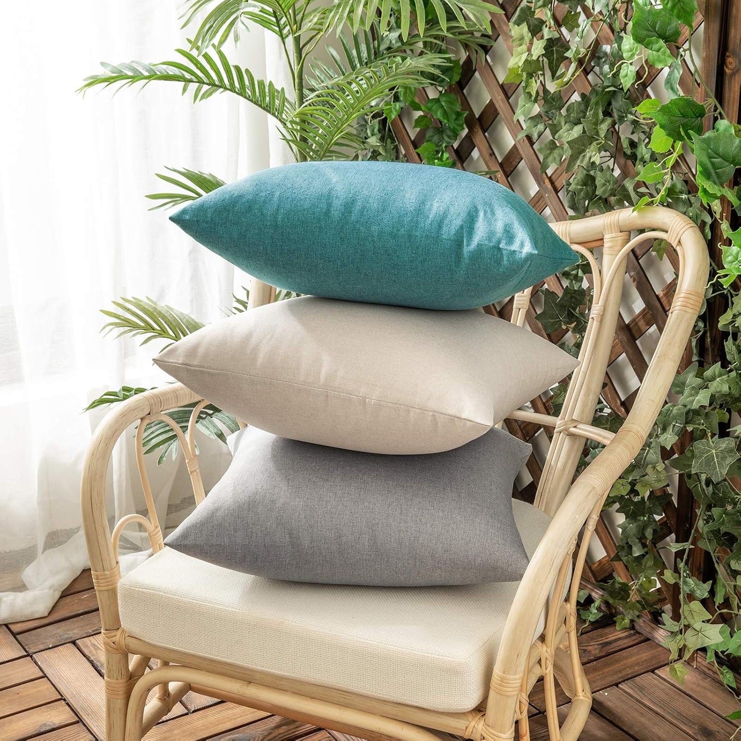 Woaboy Outdoor Waterproof Throw Pillow Covers - Set of 2 Beige Linen Cushion Cases | 16x16 Inch for Patio & Living Room
