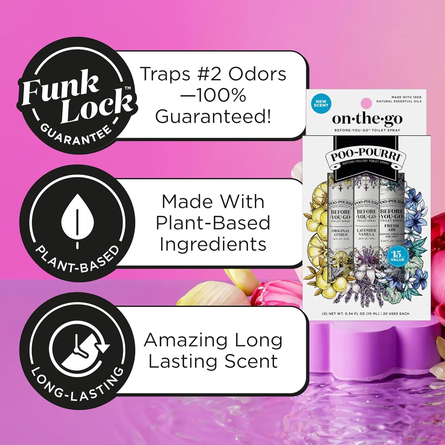 Poo-Pourri Before-You-Go Toilet Spray | Travel Essentials 3-Pack - TSA Approved, 0.34 Fl Oz Each, Odor Eliminator with Essential Oils