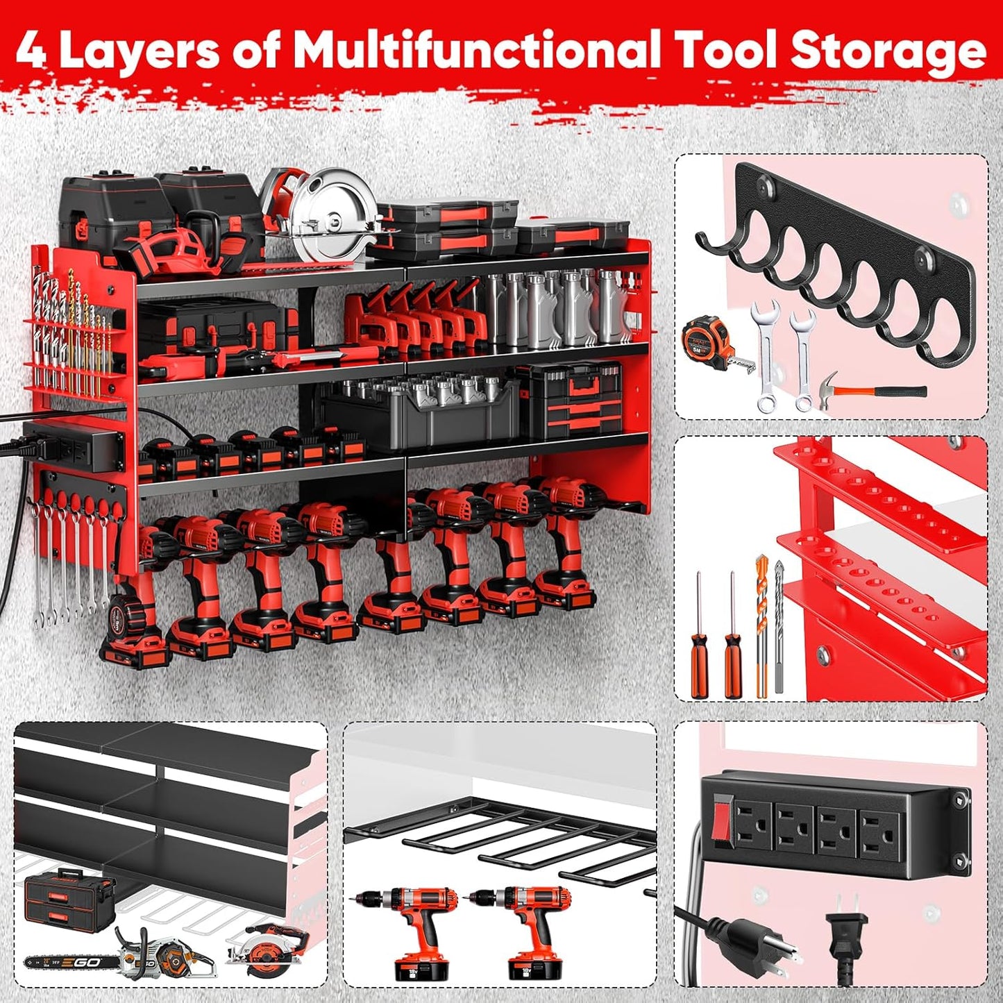 POKIPO Large Power Tool Organizer - Heavy Duty Wall Mount Storage Shelf with Charging Station | 600lbs Capacity, 4 Outlet Power Strip, 8 Drill Holders