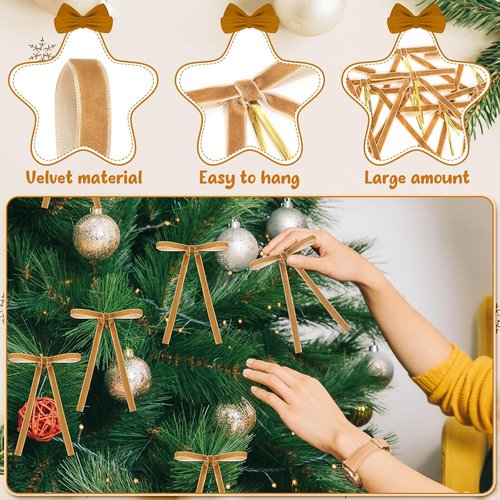 Flasoo Velvet Christmas Tree Bows - 40 Clip-On Ornaments in Khaki | 5" x 7" Size, 3/8" Width