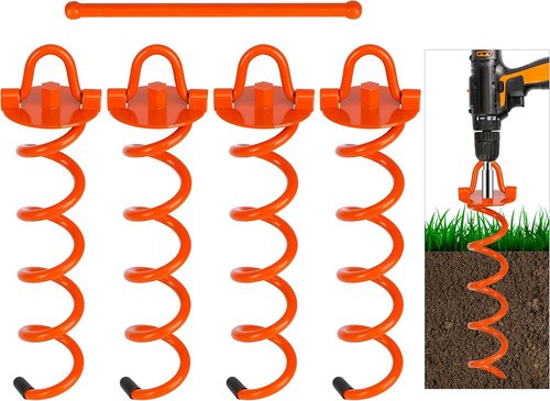 Feed Garden Heavy-Duty Spiral Ground Anchors - 12.2 Inch Stakes for Dogs, Tents, Trampolines | 4 Pack, Orange
