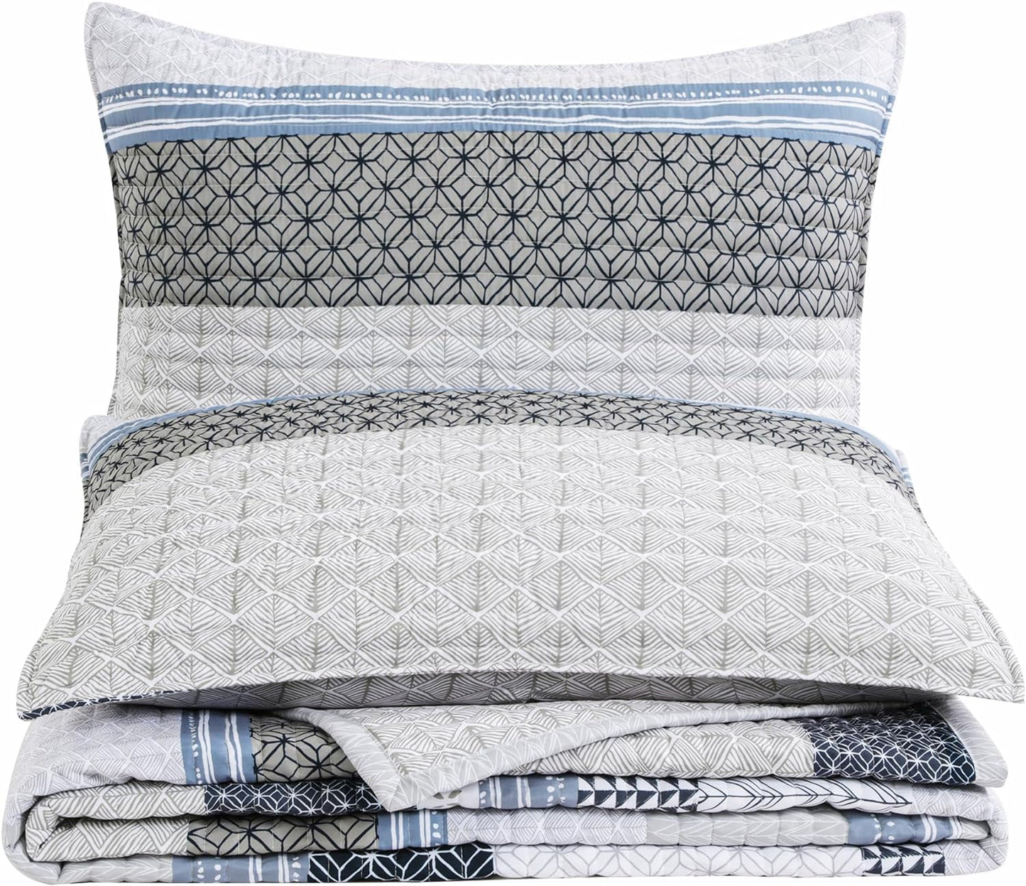 HOMBYS Stripe Oversized King Quilt Sets 128"x120", 3 Pieces Bedspread Set White and Light Blue Patchwork Coverlet, Soft and Lightweight Quilted Bedding Set for All Season-1 Quilt & 2 Pillow Shams