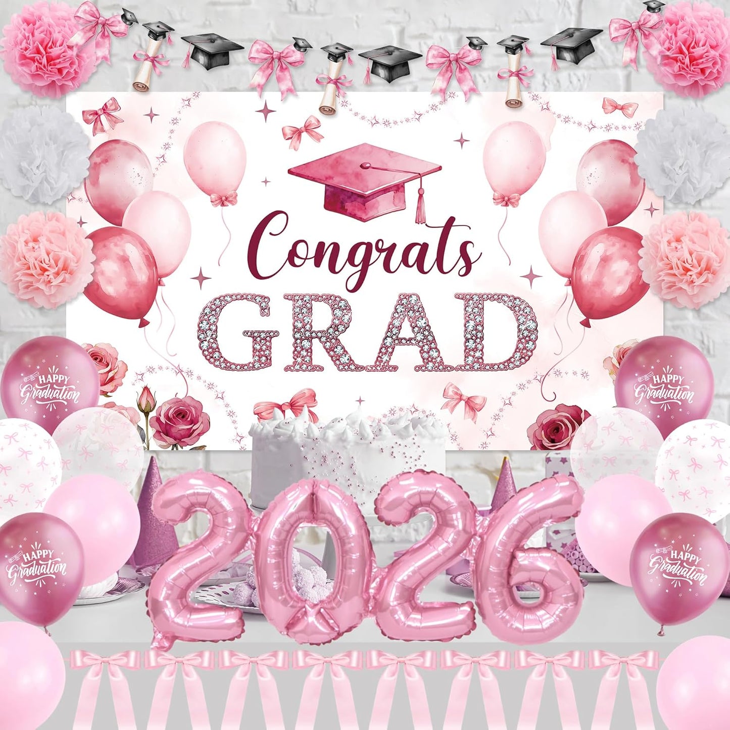 Regine Switzerland Pink Bow Graduation Party Decorations - 22PCS Banner & Balloon Set for 2026 Grads